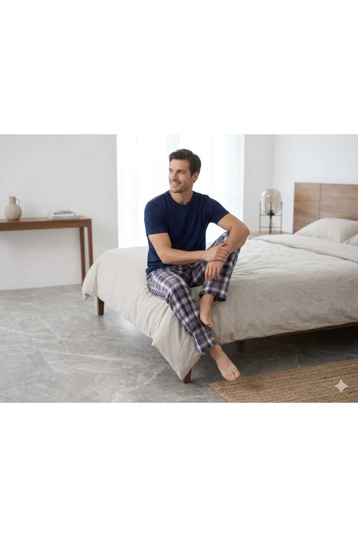 Erkek Penye Pijama Takım Lacivert-Orjinal - XL