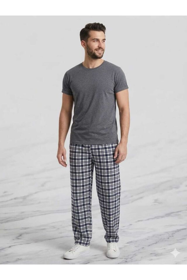 Erkek Penye Pijama Takım Antrasit-Turkuaz - XL