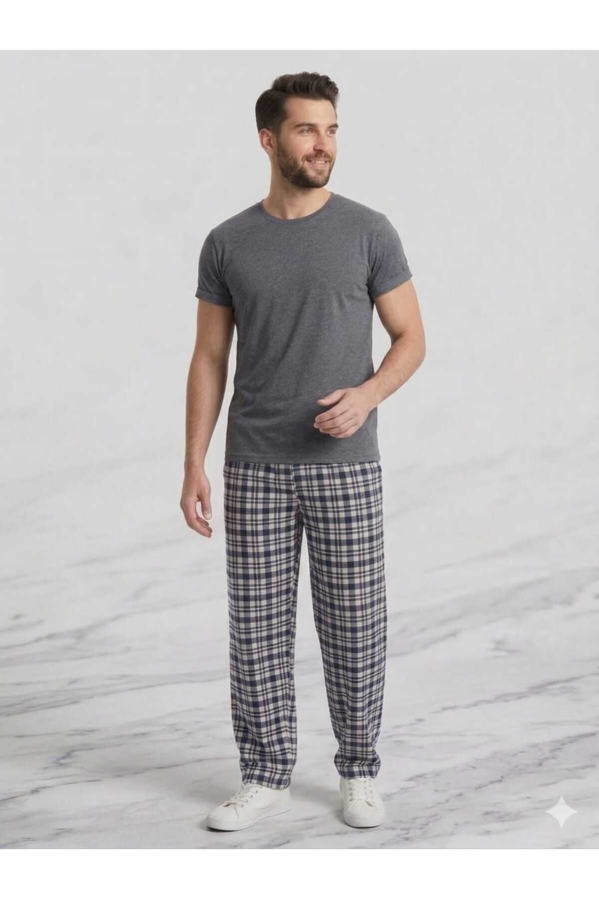 Erkek Penye Pijama Takım Antrasit-Turkuaz - L