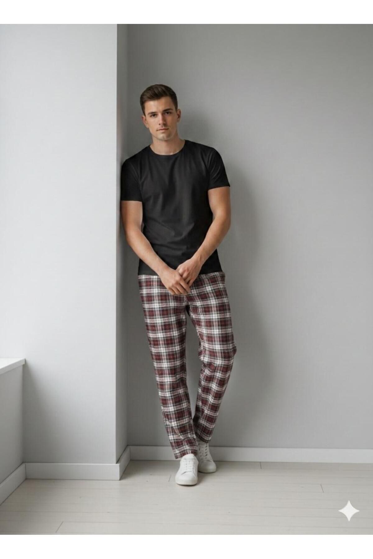 Erkek Penye Pijama Takım Siyah-Bordo - M