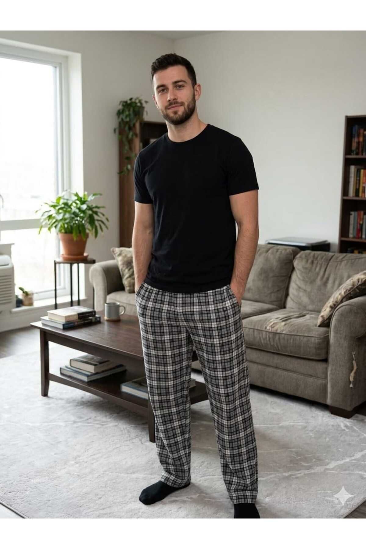 Erkek Penye Pijama Takım Siyah-Siyah - L