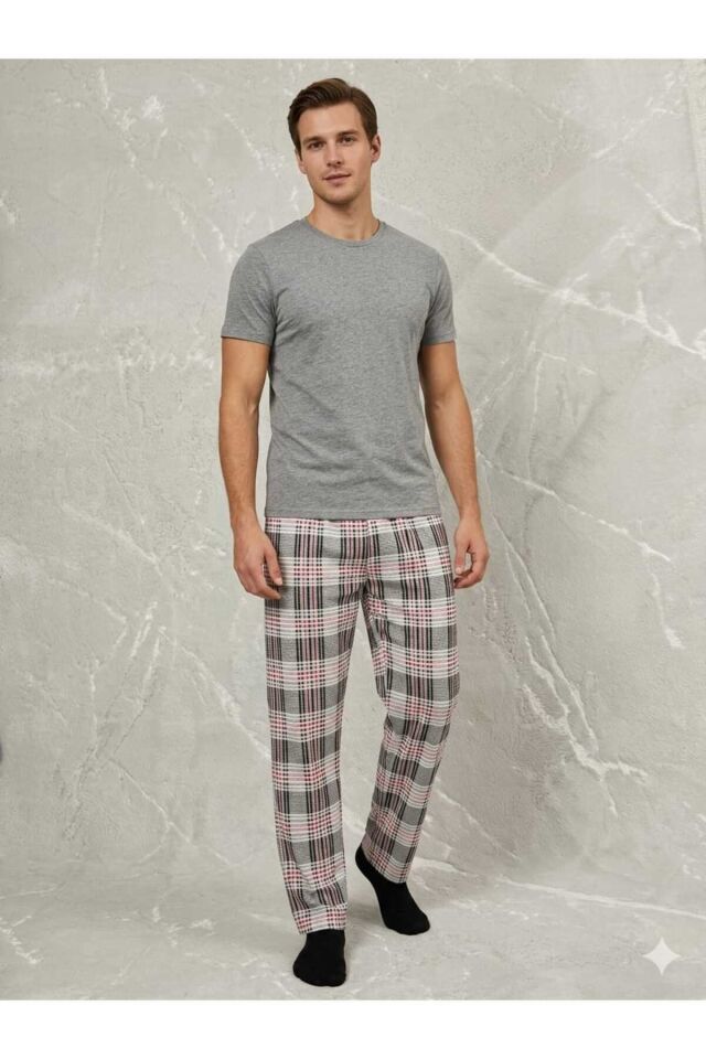 Erkek Penye Pijama Takım Gri-Kırmızı - XL