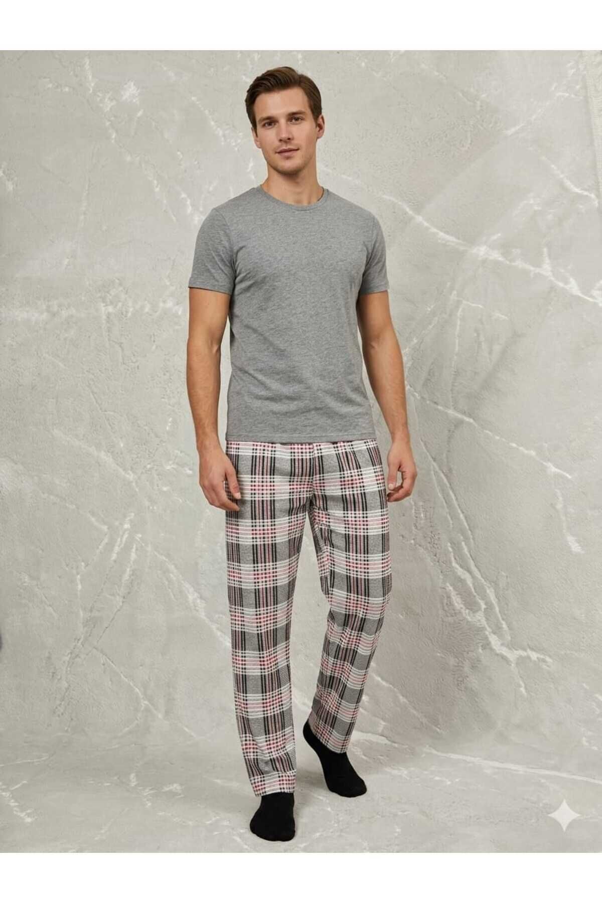 Erkek Penye Pijama Takım Gri-Kırmızı - M