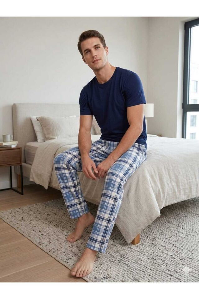 Erkek Penye Pijama Takım Lacivert-Mavi - M