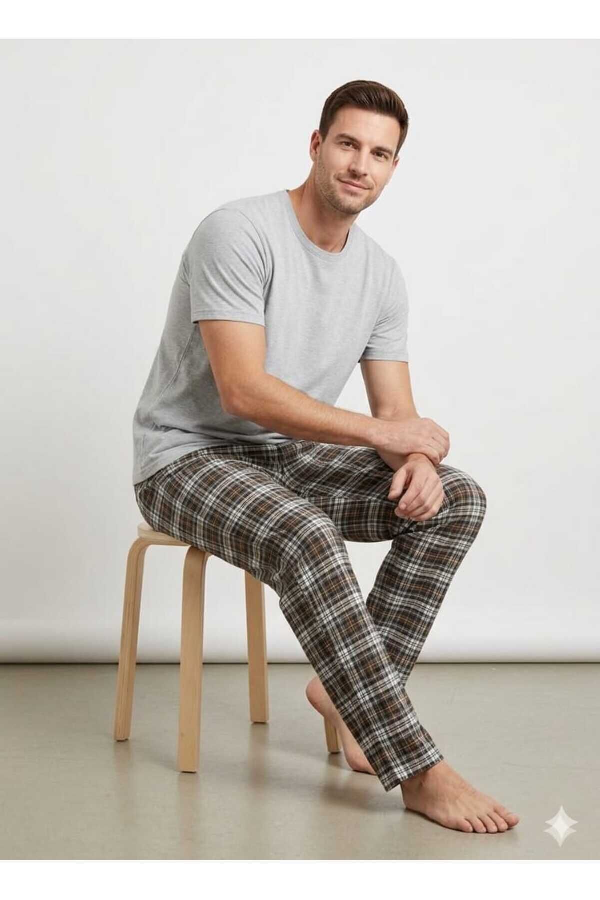 Erkek Penye Pijama Takım Gri-Kahve - 2XL