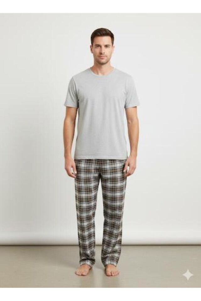 Erkek Penye Pijama Takım Gri-Kahve - M