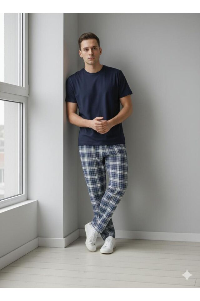 Erkek Penye Pijama Takım Lacivert-Lacivert - XL