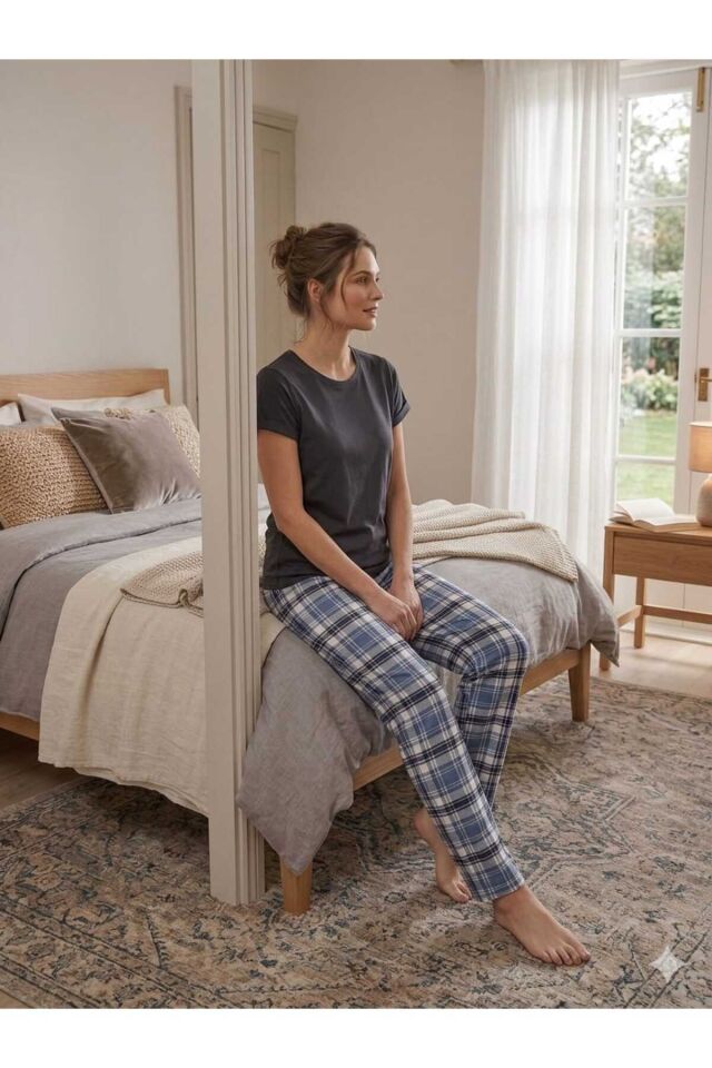 Penye Kadın Pijama Takım Lacivert-Füme - M