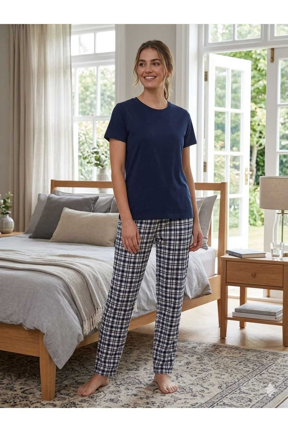 Penye Kadın Pijama Takım Lacivert-Lacivert - L