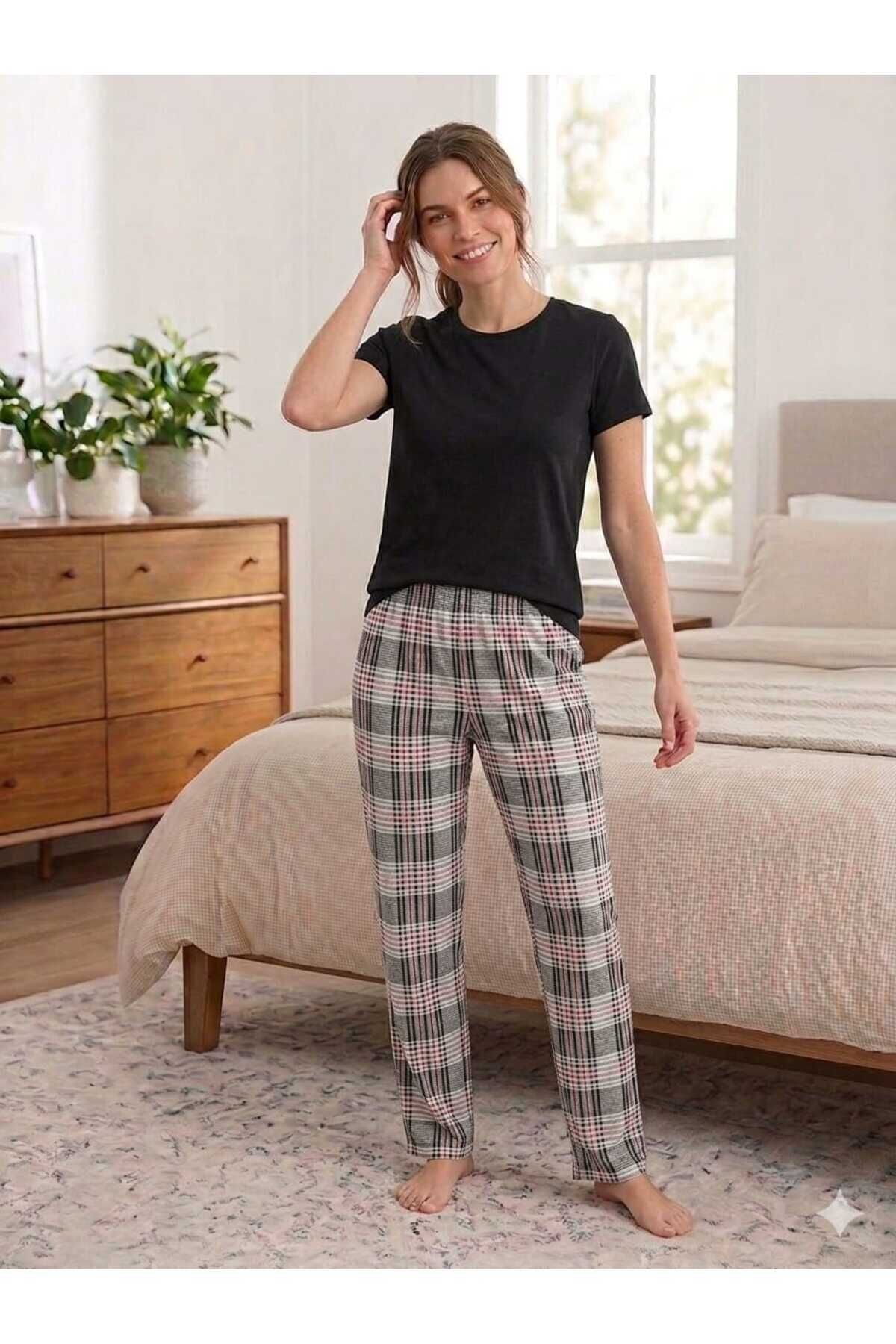 Penye Kadın Pijama Takım Siyah-Kırmızı - L