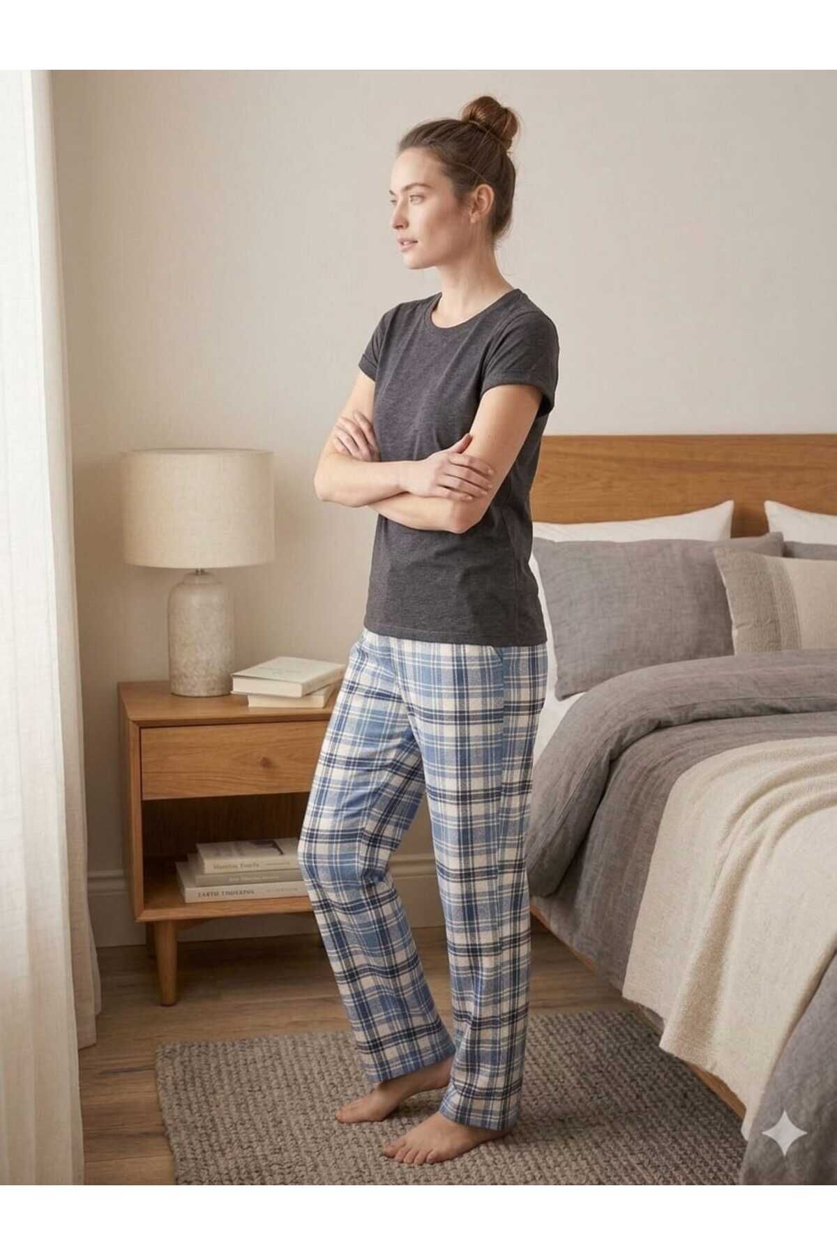 Penye Kadın Pijama Takım Füme-Mavi - M