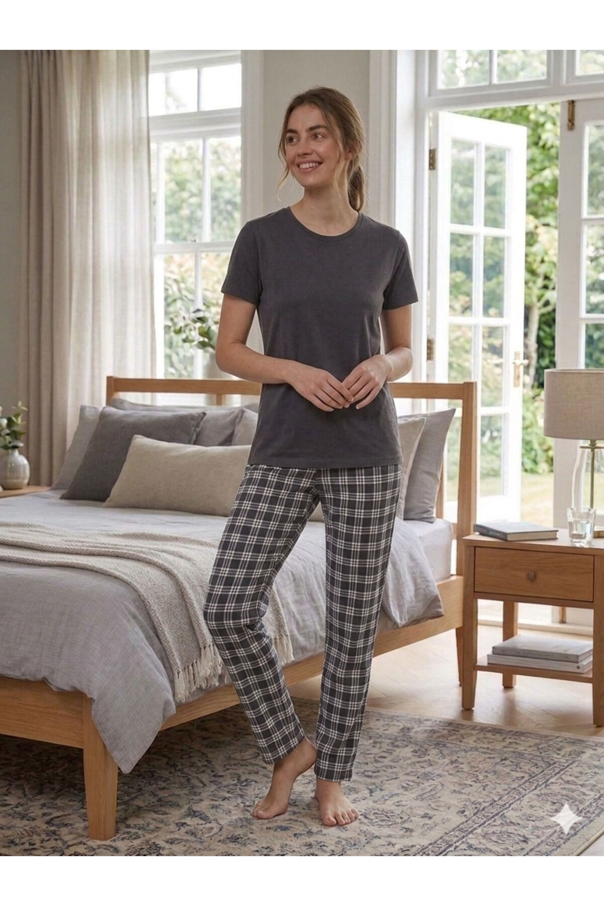 Penye Kadın Pijama Takım Füme-Füme - L