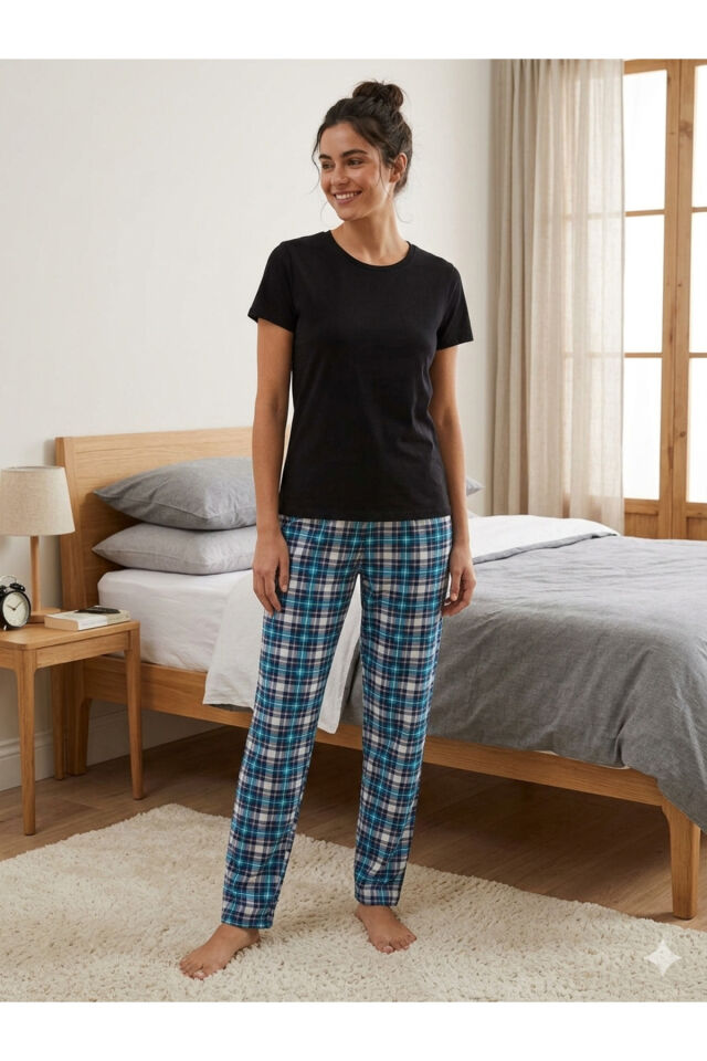 Penye Kadın Pijama Takım Siyah-Turkuaz - XL