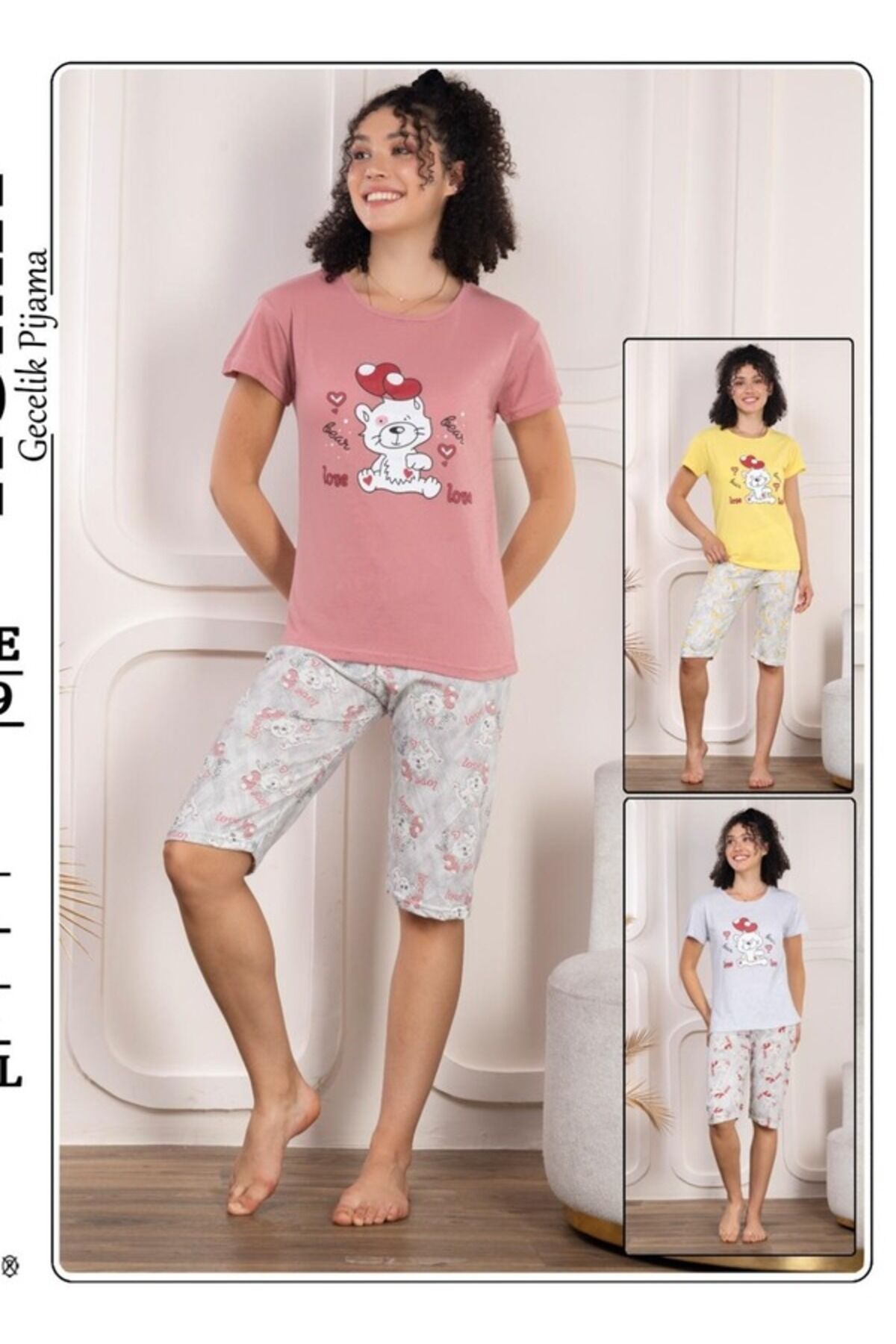 Kadın Kapri Kısa Kollu pijama Takımı Gül Kurusu - S