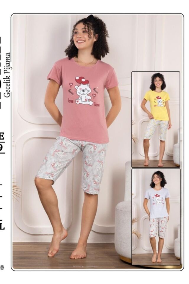 Kadın Kapri Kısa Kollu pijama Takımı Gül Kurusu - XL