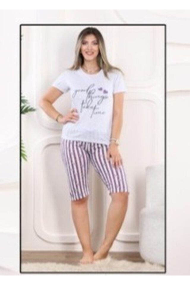 Kadın Kapri Kısa Kollu pijama Takımı Gri - 2XL