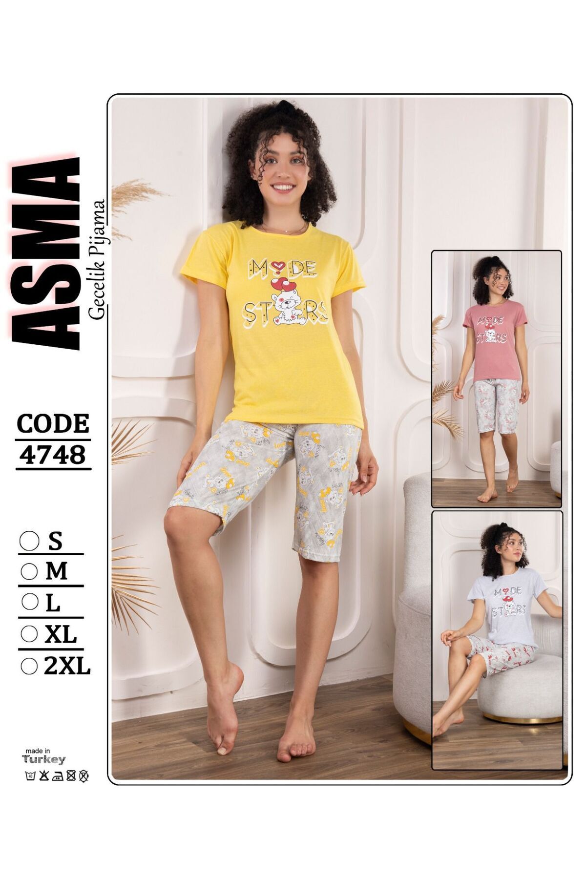 Kadın Kısa Kollu Kapri Pijama Takımı Sarı - L