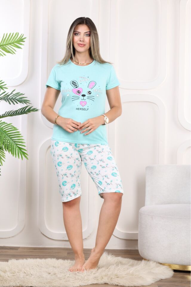 Kadın Kısa Kollu Kapri Pijama Takımı Mint Yeşili - S