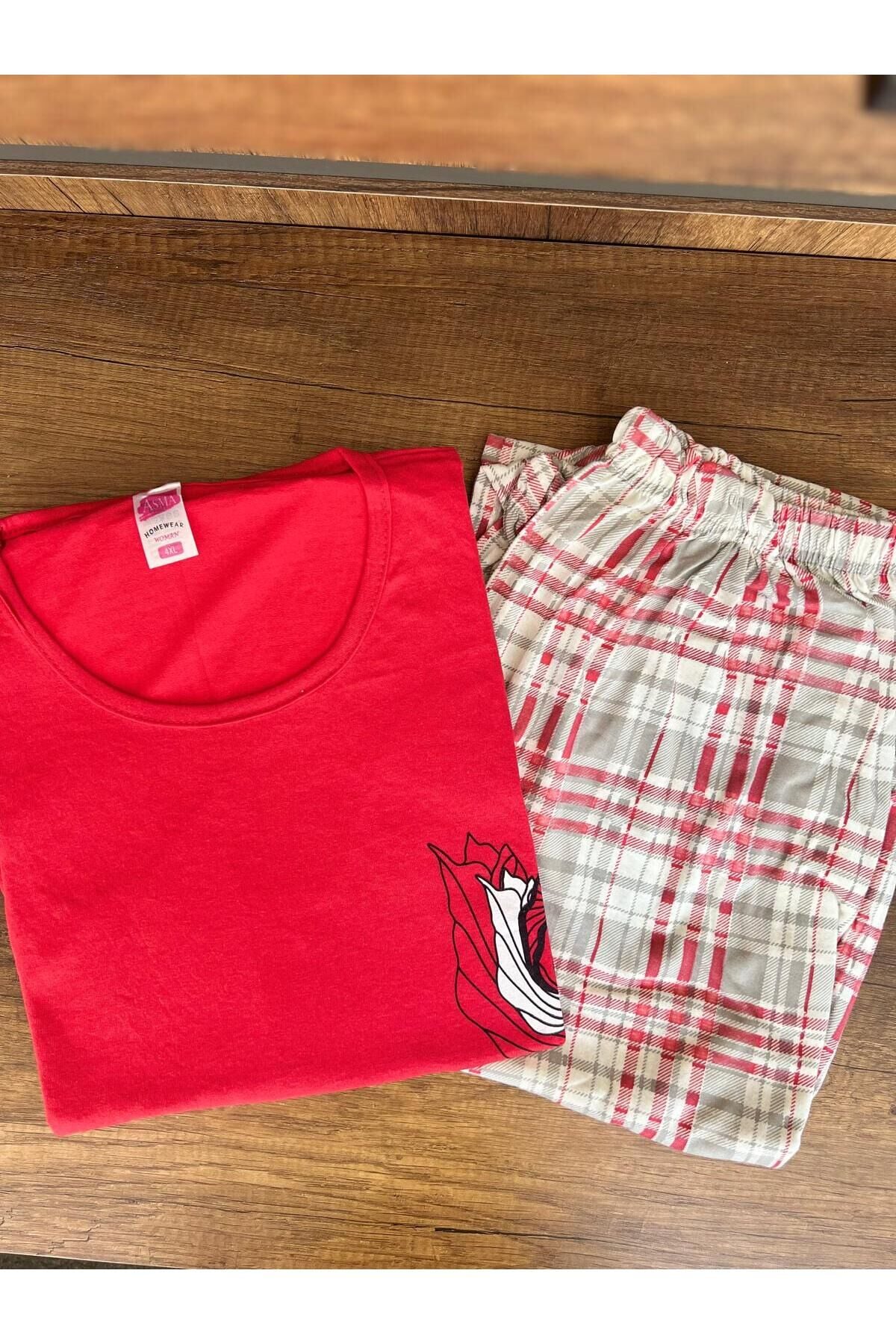Kadın Kısa Kollu Battal Pijama Takımı Kırmızı - L