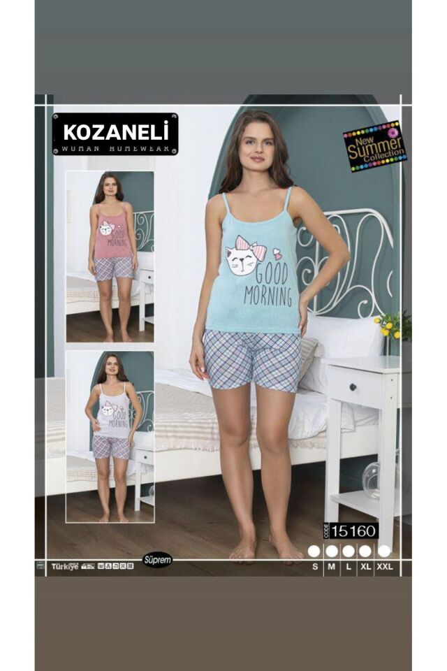 İp Askılı Şortlu  Pijama Takımı 15160 Su Yeşili - S