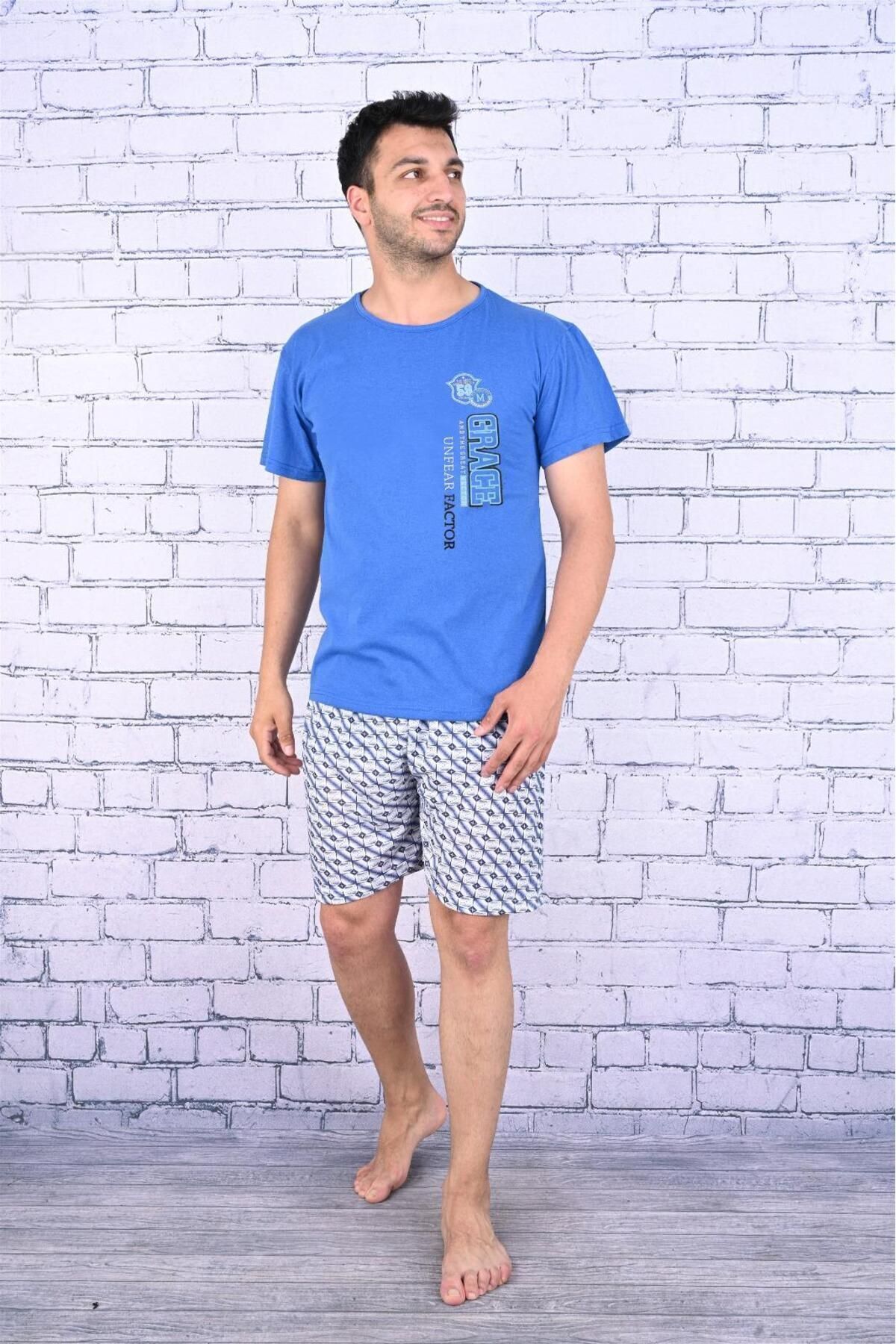 Erkek Şortlu Pijama Takımı Saks Mavisi - 4XL