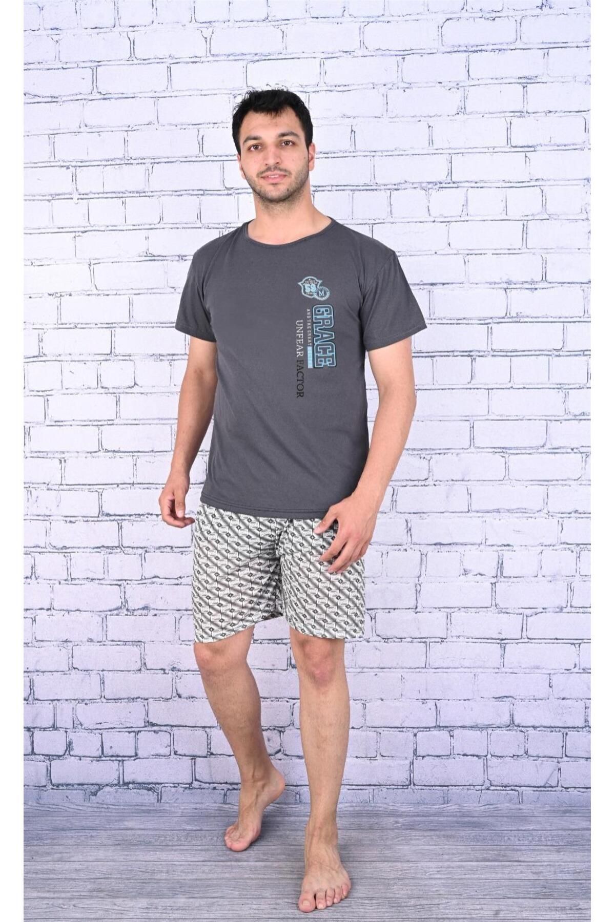 Erkek Şortlu Pijama Takımı Füme - 4XL