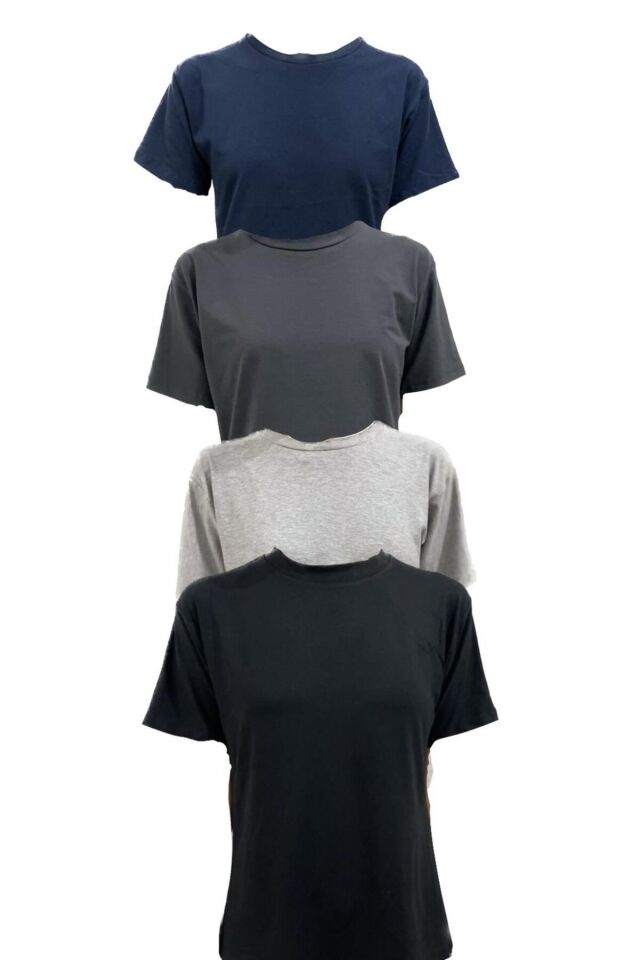 Kadın Bisiklet Yaka Gri Lacivert Siyah Füme Tam Kalıp 4'lü T-Shirt Paket Gri Lacivert Siyah Füme - L