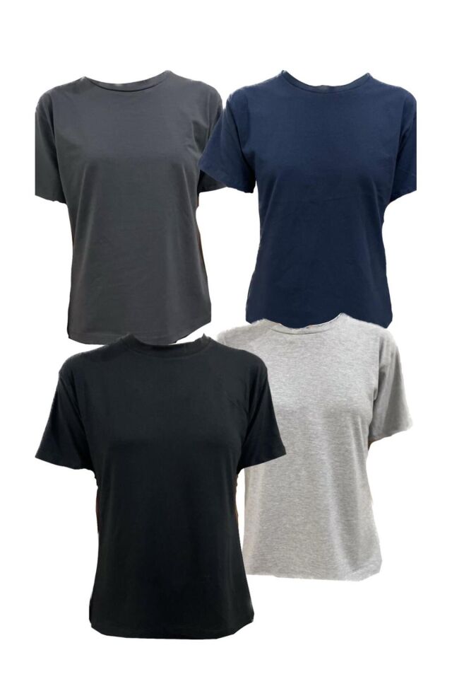 Kadın Bisiklet Yaka Gri Lacivert Siyah Füme Tam Kalıp 4'lü T-Shirt Paket Gri Lacivert Siyah Füme - L