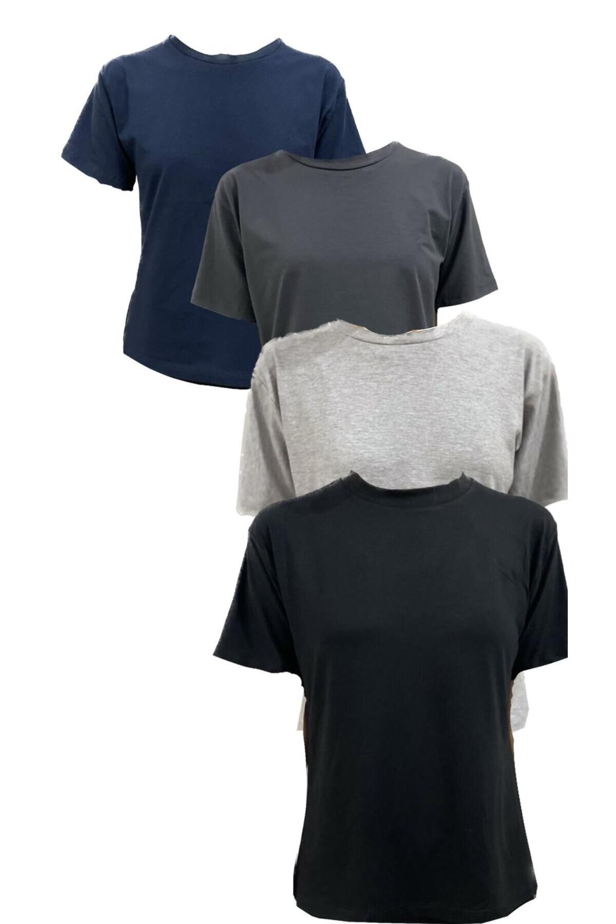 Kadın Bisiklet Yaka Gri Lacivert Siyah Füme Tam Kalıp 4'lü T-Shirt Paket Gri Lacivert Siyah Füme - L