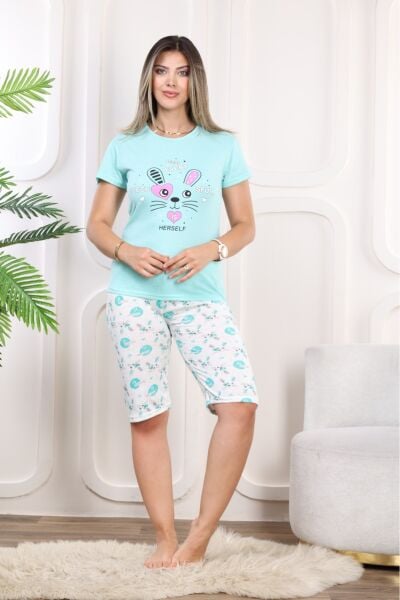 Kadın Kısa Kollu Kapri Pijama Takımı Mint Yeşili - M